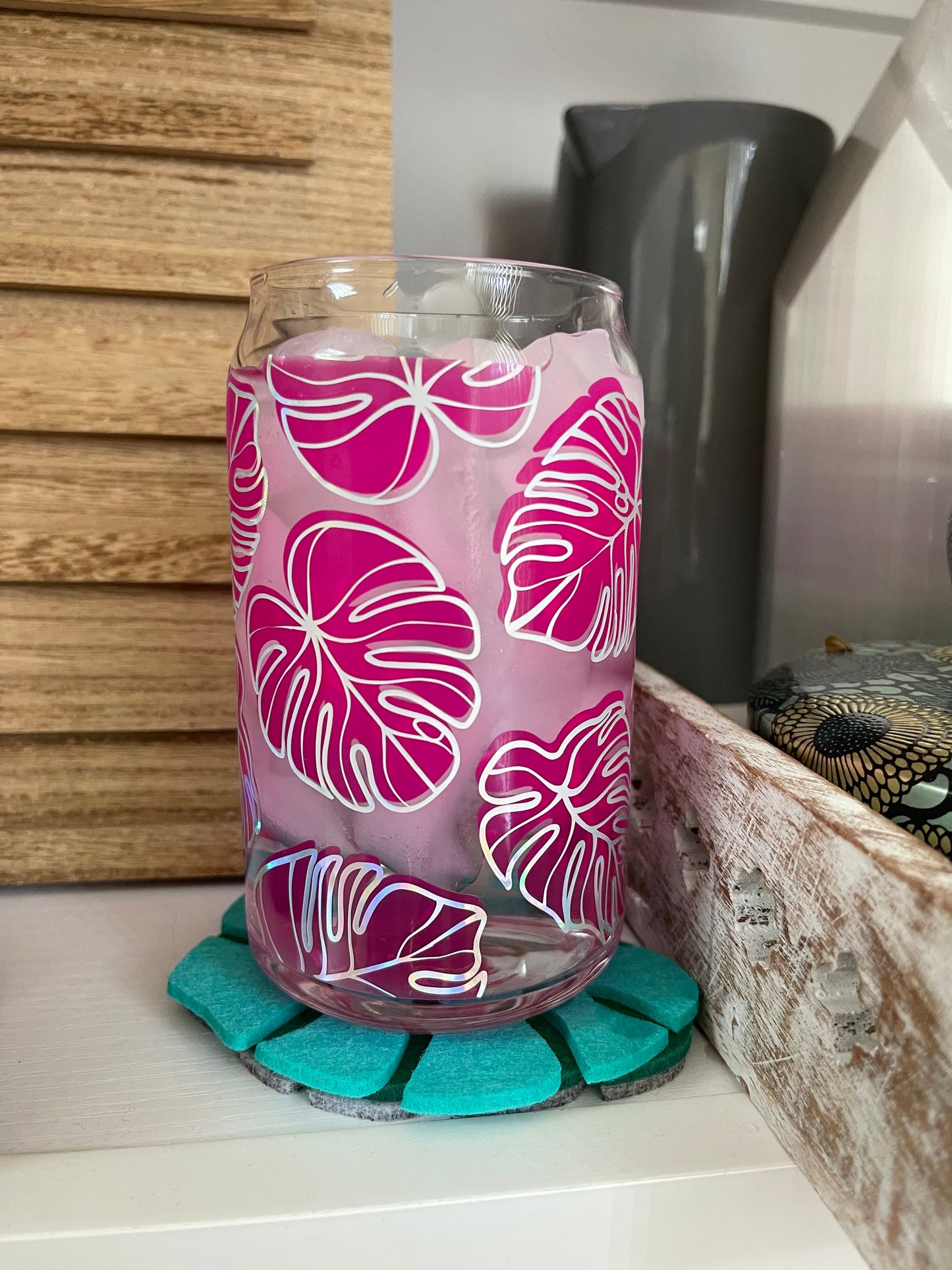 Monstera changing libbey beer can glass cup | COLD COLOR CHANGING | Translucent to Bright Pink with Holographic Opal outline | NEW NEW