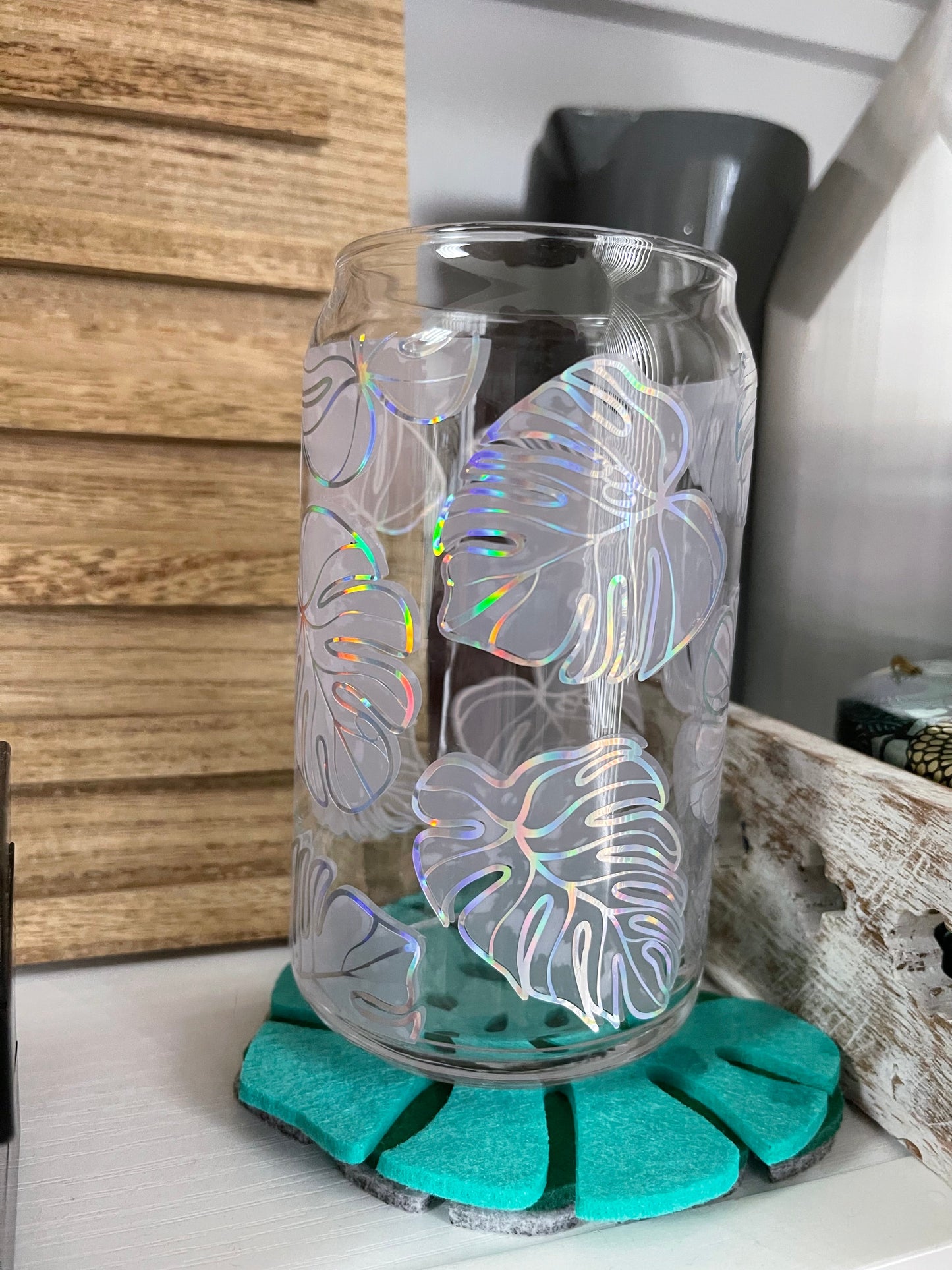 Monstera changing libbey beer can glass cup | COLD COLOR CHANGING | Translucent to Bright Pink with Holographic Opal outline | NEW NEW