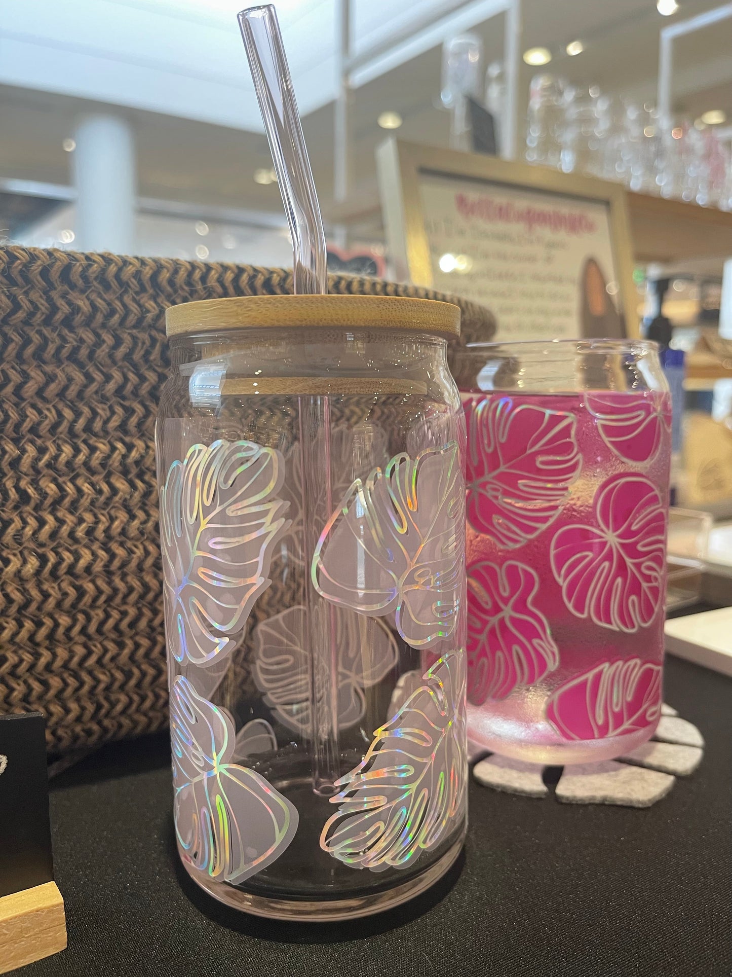 Monstera changing libbey beer can glass cup | COLD COLOR CHANGING | Translucent to Bright Pink with Holographic Opal outline | NEW NEW