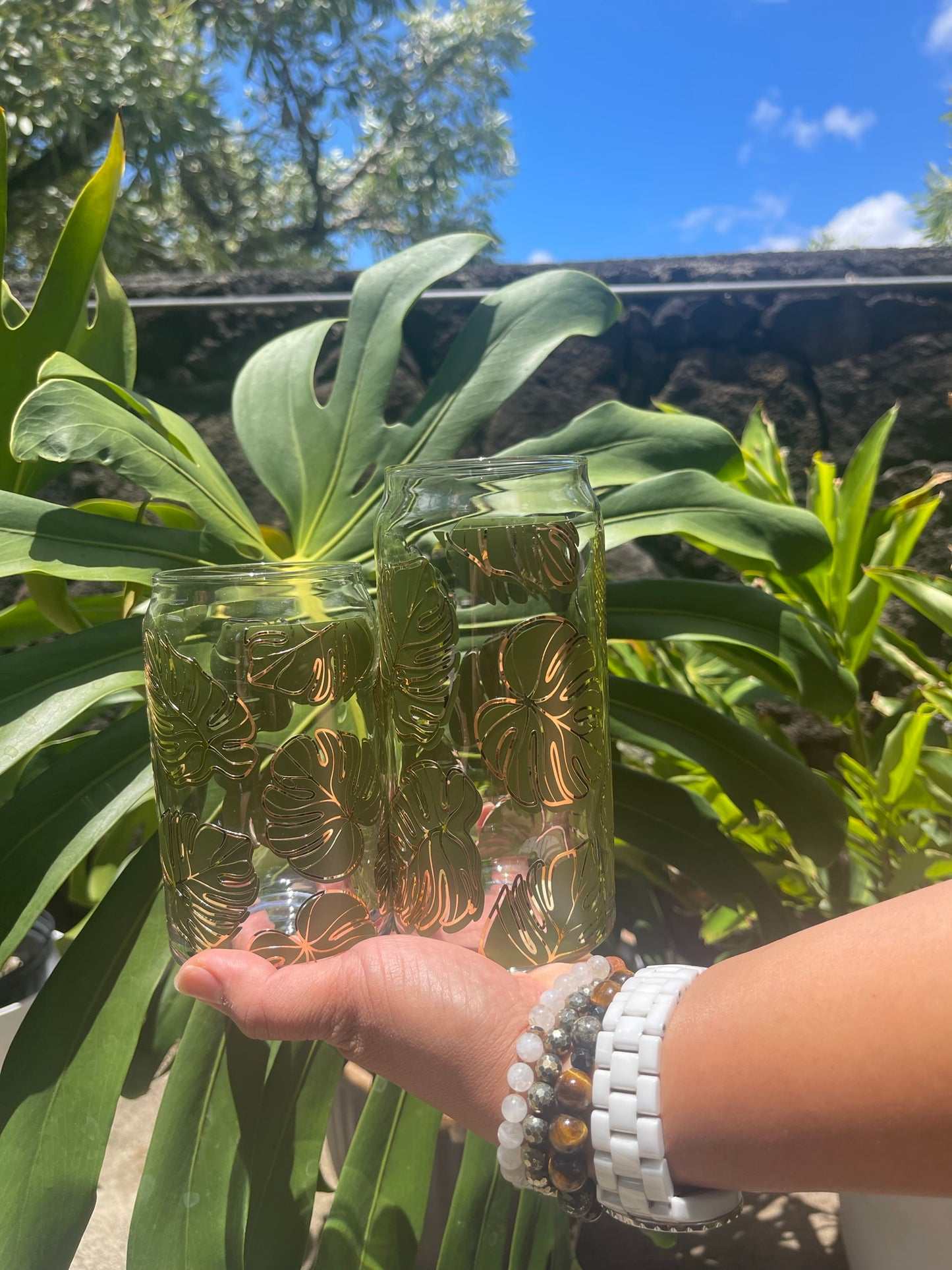 Monstera Libbey can glass cup | Matte Olive with Gold Foil outline