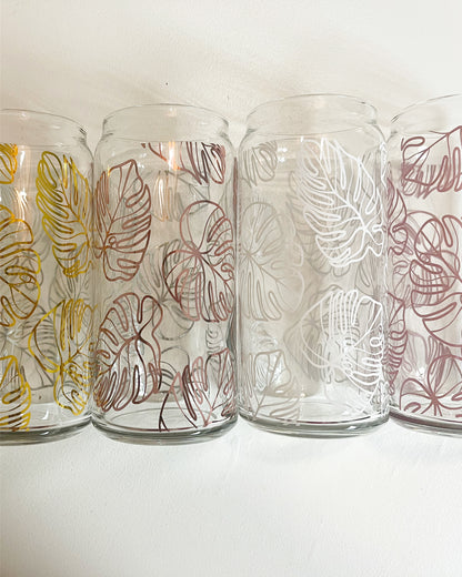 Monstera leaf wrap around Libby 'beer' Glass Cup 16oz or 20oz...bamboo lids with straw hole // libby beer can glass cup