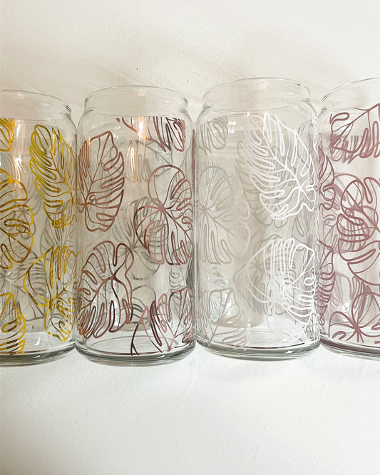 Monstera leaf wrap around Libby 'beer' Glass Cup 16oz or 20oz...bamboo lids with straw hole // libby beer can glass cup