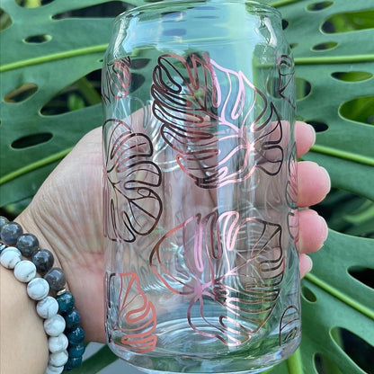 Monstera leaf wrap around Libby 'beer' Glass Cup 16oz or 20oz...bamboo lids with straw hole // libby beer can glass cup