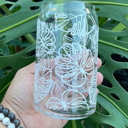 Monstera leaf wrap around Libby 'beer' Glass Cup 16oz or 20oz...bamboo lids with straw hole // libby beer can glass cup