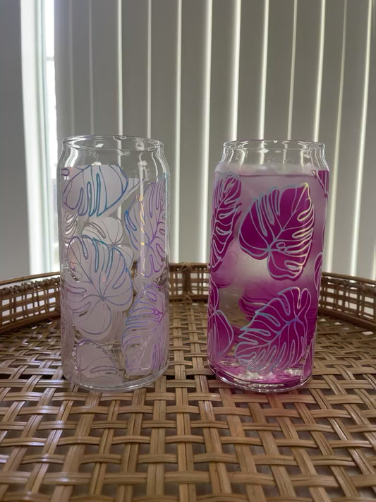 Monstera changing libbey beer can glass cup 16oz  | Translucent to Pink with Holographic Silver outline | NEW NEW