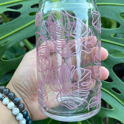 Monstera leaf wrap around Libby 'beer' Glass Cup 16oz or 20oz...bamboo lids with straw hole // libby beer can glass cup