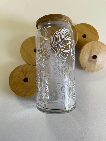 Monstera leaf wrap around Libby 'beer' Glass Cup 16oz or 20oz...bamboo lids with straw hole // libby beer can glass cup