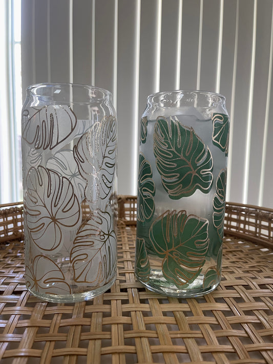 Monstera changing libbey beer can glass cup | COLD COLOR CHANGING | Translucent to Dark Green with Gold  outline | NEW NEW