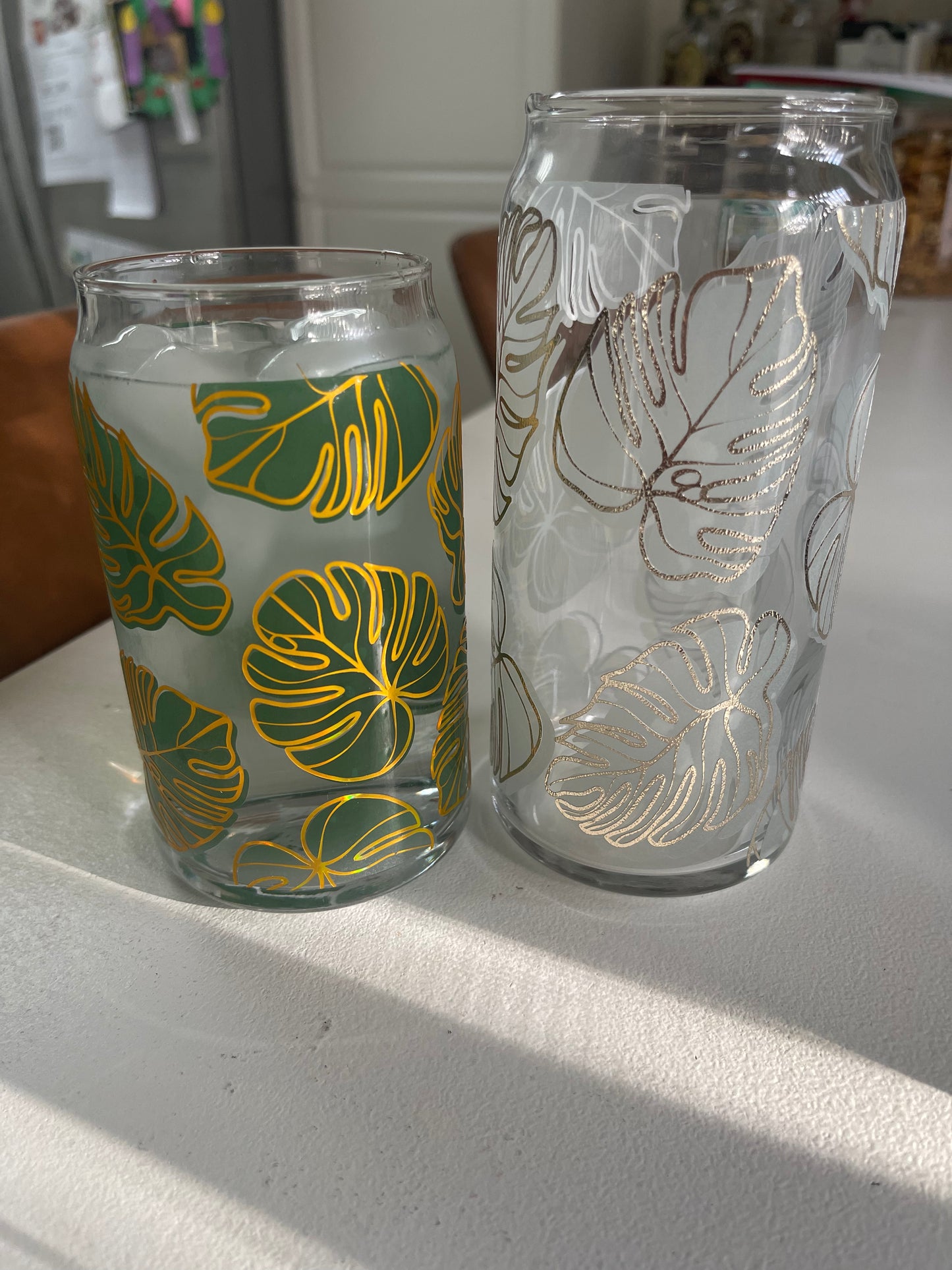 Monstera changing libbey beer can glass cup | COLD COLOR CHANGING | Translucent to Dark Green with Gold  outline | NEW NEW